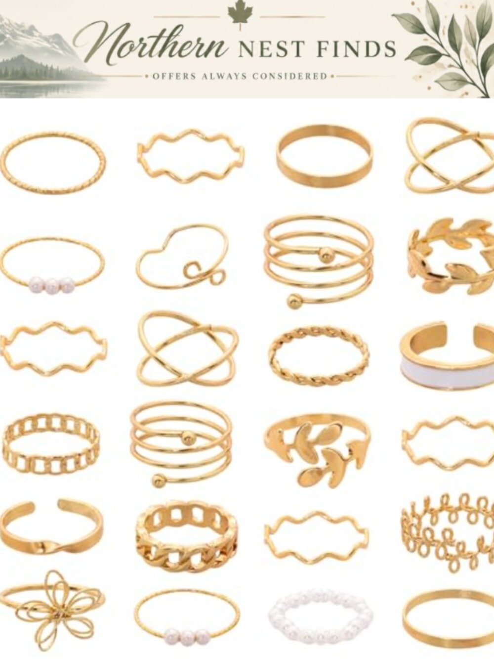 Gold Stackable Rings Set Pearl Knuckle Open Stacking Adjustable Women's Jewelry